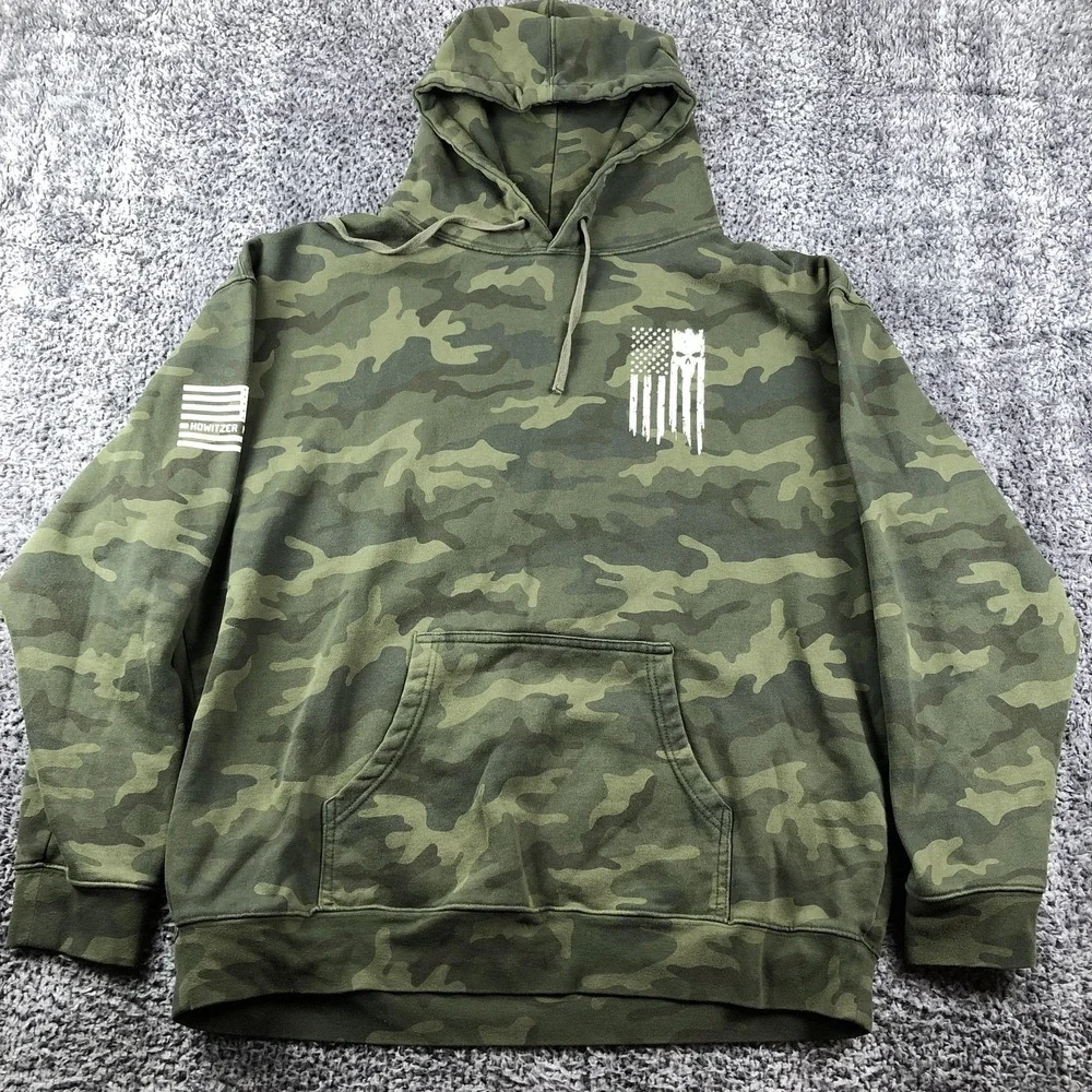 Howitzer Hoodie Mens 2XL Green Camo Fleece Pullover American Patriot Flag Skull - Picture 2 of 11
